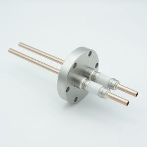 Power Feedthrough, Watercooled, 12,000 Volts, 2 Tubes, 0.25" Copper Conductors, 2.75" Conflat Flange