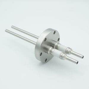 Power Feedthrough, Watercooled, 12,000 Volts, 2 Tubes, 0.25" Stainless Steel Conductors, 2.75" Conflat Flange