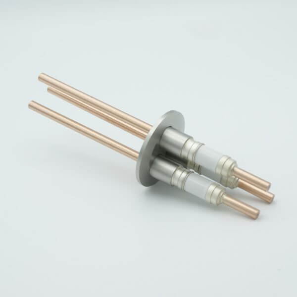 Power Feedthrough, 12000 Volts, 180 Amps, 3 Pins, 0.25" Copper Conductors, 2.16" QF / KF Flange
