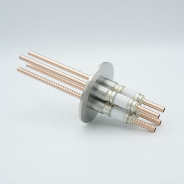 Power Feedthrough, Watercooled, 12000 Volts, 4 Tubes, 0.25" Copper Conductors, 2.95" QF / KF Flange