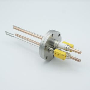 Thermocouple-Power Feedthrough, 2 Pairs Type K, w/ Miniature TC Connectors, 5000 Volts, 150 Amps, 2 Pins, 2.75" Conflat Flange