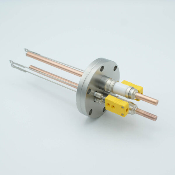 Thermocouple-Power Feedthrough, 2 Pairs Type K, w/ Miniature TC Connectors, 5000 Volts, 150 Amps, 2 Pins, 2.75" Conflat Flange