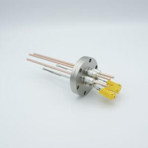 Thermocouple-Power Feedthrough, 2 Pairs Type K, w/ Miniature TC Connectors, 5000 Volts, 60 Amps, 3 Pins, 2.75" Conflat Flange