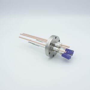 Thermocouple-Power Feedthrough, 2 Pairs Type E, w/ Miniature TC Connectors, 5000 Volts, 60 Amps, 3 Pins, 2.75" Conflat Flange