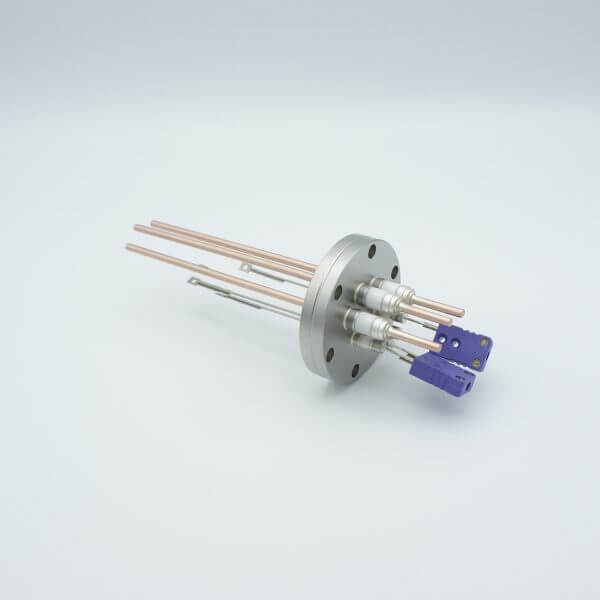 Thermocouple-Power Feedthrough, 2 Pairs Type E, w/ Miniature TC Connectors, 5000 Volts, 60 Amps, 3 Pins, 2.75" Conflat Flange