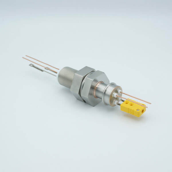 Thermocouple-Power Feedthrough, 1 Pair Type K, w/ Miniature TC Connector, 1000 Volts, 25 Amps, 2 Pins, 1" Baseplate