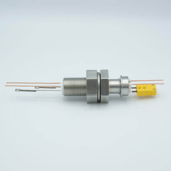 MPF - A12183-1-BP: Thermocouple-Power Feedthrough, 1 Pair Type K , w/ Miniature TC Connector, 1000 Volts, 25 Amps, 2 Pins, 1" Baseplate