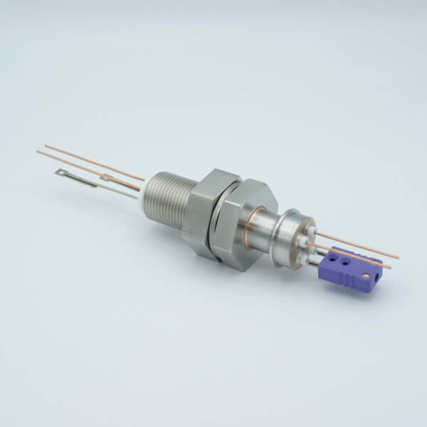 Thermocouple-Power Feedthrough, 1 Pair, Type E, w/ Miniature TC Connector, 1000 Volts, 25 Amps, 2 Pins, 1" Baseplate