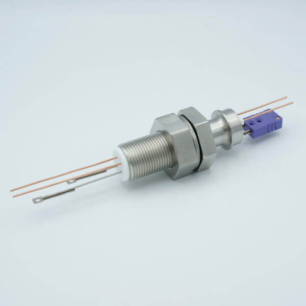 MPF - A12183-3-BP: Thermocouple-Power Feedthrough, 1 Pair, Type E, w/ Miniature TC Connector, 1000 Volts, 25 Amps, 2 Pins, 1" Baseplate