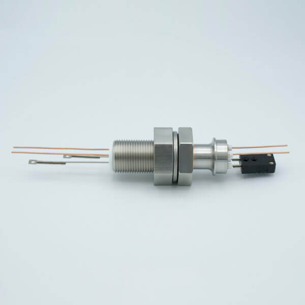 MPF - A12183-4-BP: Thermocouple-Power Feedthrough, 1 Pair, Type J, w/ Miniature TC Connector, 1000 Volts, 25 Amps, 2 Pins, 1" Baseplate