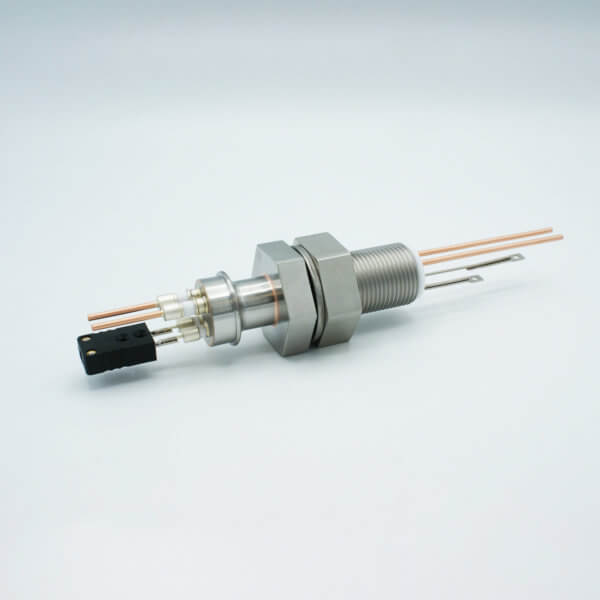 Thermocouple-Power Feedthrough, 1 Pair, Type J, w/ Miniature TC Connector, 5000 Volts, 50 Amps, 2 Pins, 1" Baseplate