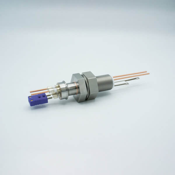 Thermocouple-Power Feedthrough, 1 Pair, Type E, w/ Miniature TC Connector, 5000 Volts, 50 Amps, 2 Pins, 1" Baseplate