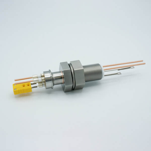Thermocouple-Power Feedthrough, 1 Pair, Type K, w/ Miniature TC Connector, 5000 Volts, 50 Amps, 2 Pins, 1" Baseplate