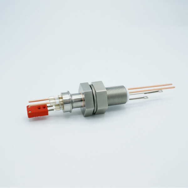 Thermocouple-Power Feedthrough, 1 Pair, Type C, w/ Miniature TC Connector, 5000 Volts, 50 Amps, 2 Pins, 1" Baseplate